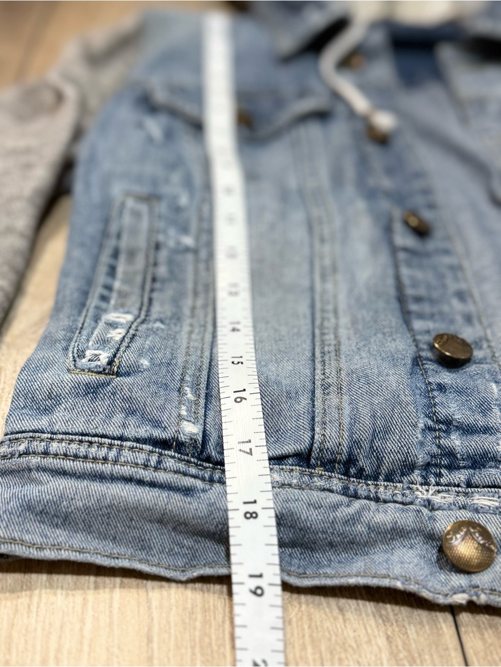 Free People Denim Hoodie Jacket M Distressed Knit Sleeve Jacket - Picture 13 of 16